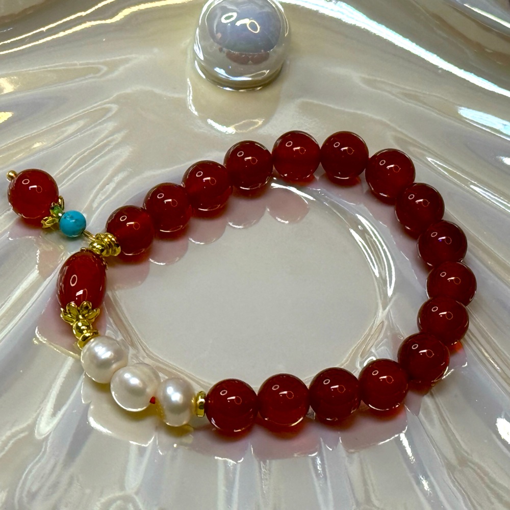 BC24 Handmade 8mm Natural Carnelian and Genuine 6-8mm Freshwater Pearl Bracelet